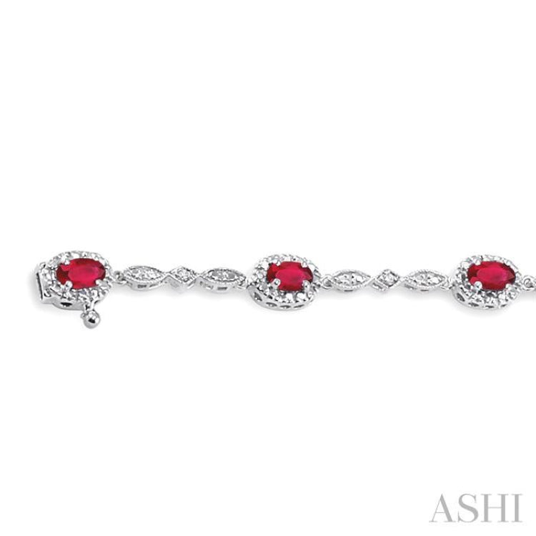 5x3 MM Oval Cut Ruby and 1/20 Ctw Single Cut Diamond Bracelet in 14K White Gold