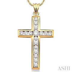 1 Ctw Round Cut Diamond Cross Pendant in 14K Yellow Gold with Chain