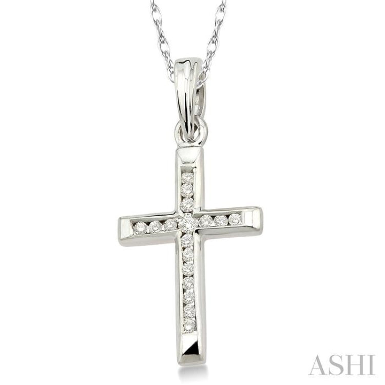 1/10 Ctw Single Cut Diamond Cross Pendant in 14K White Gold with Chain