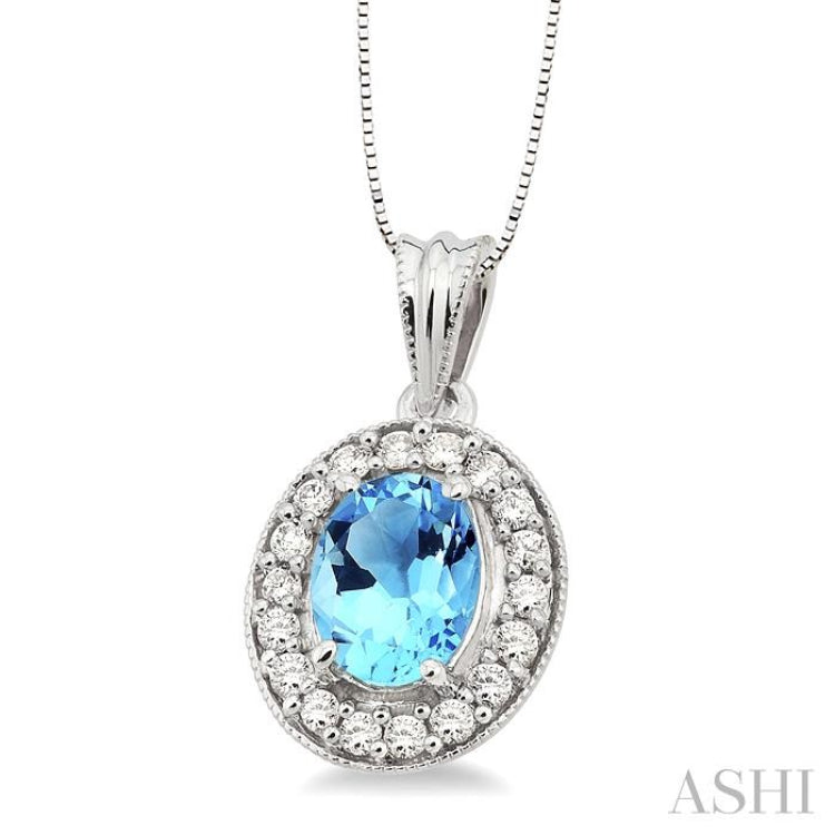 8x6 MM Oval Cut Blue Topaz and 1/3 Ctw Round Cut Diamond Pendant in 14K White Gold with Chain