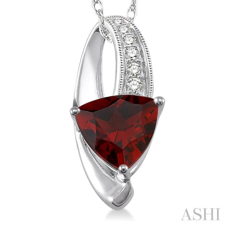 8x8 MM Trillion Cut Garnet and 1/20 Ctw Single Cut Diamond Pendant in 10K White Gold with Chain