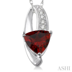 8x8 MM Trillion Cut Garnet and 1/20 Ctw Single Cut Diamond Pendant in 10K White Gold with Chain