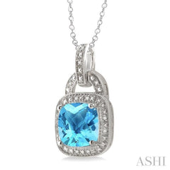 10x10 MM Cushion Shape Blue Topaz and 1/20 Ctw Single Cut Diamond Pendant in Sterling Silver with Chain