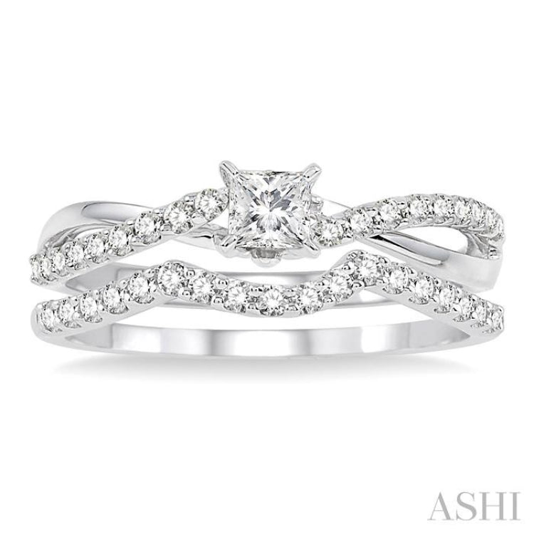 5/8 Ctw Diamond Wedding Set with 1/2 Ctw Princess Cut Engagement Ring and 1/5 Ctw Wedding Band in 14K White Gold