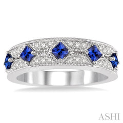 2.5 mm Princess Cut Sapphire and 1/6 Ctw Round Cut Diamond Precious Band in 14K White Gold