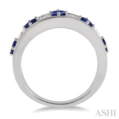 2.5 mm Princess Cut Sapphire and 1/6 Ctw Round Cut Diamond Precious Band in 14K White Gold