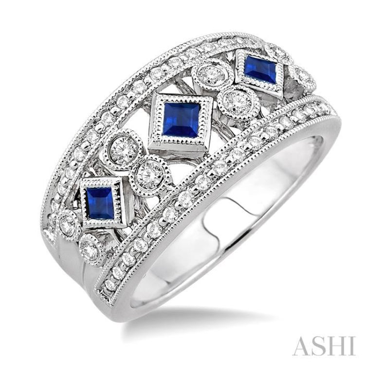 3/8 Ctw Round Cut Diamond and 2.2mm & 2.4mm Princess Cut Sapphire Precious Fashion Band in 14K White Gold