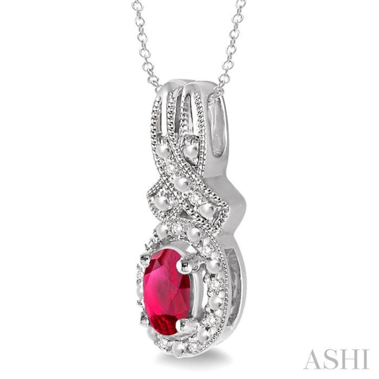 5x3 MM Oval Cut Ruby and 1/50 Ctw Single Cut Diamond Pendant in Sterling Silver with Chain