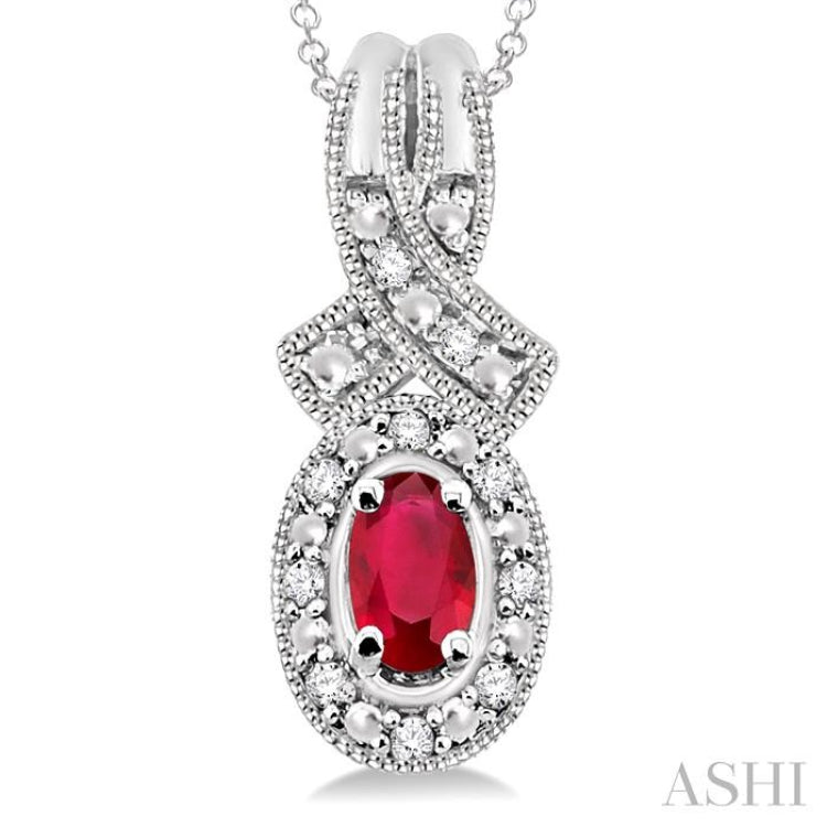 5x3 MM Oval Cut Ruby and 1/50 Ctw Single Cut Diamond Pendant in Sterling Silver with Chain