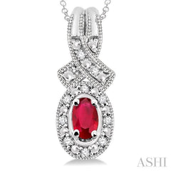 5x3 MM Oval Cut Ruby and 1/50 Ctw Single Cut Diamond Pendant in Sterling Silver with Chain