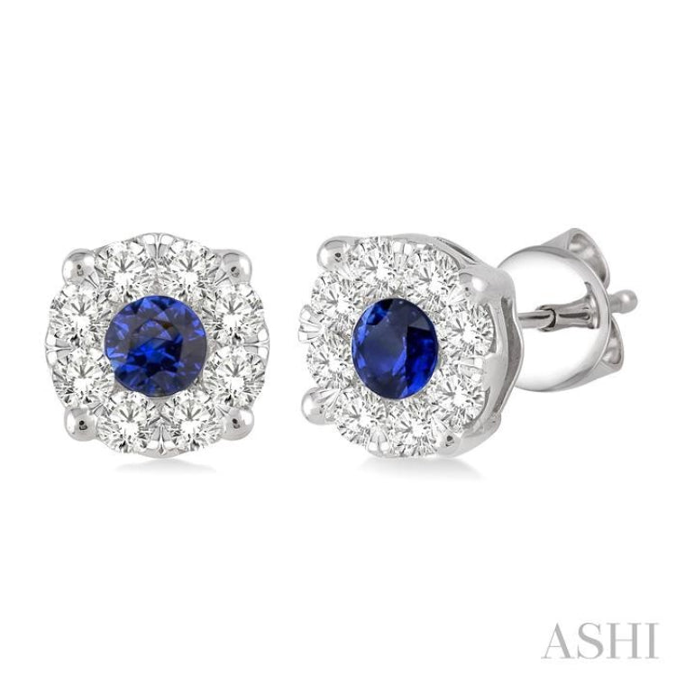 3.3mm Round Cut Sapphire and 1/2 Ctw Lovebright Diamond Precious Earrings in 14K White Gold