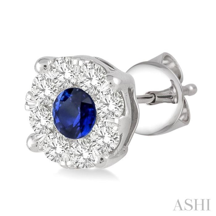 3.3mm Round Cut Sapphire and 1/2 Ctw Lovebright Diamond Precious Earrings in 14K White Gold