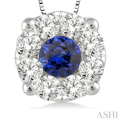 3.8 mm Round Cut Sapphire and 1/3 Ctw Lovebright Precious Pendant in 14K White Gold with Chain