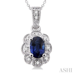 6x4  MM Oval Cut Sapphire and 1/20 ctw Single Cut Diamond Pendant in Sterling Silver with Chain