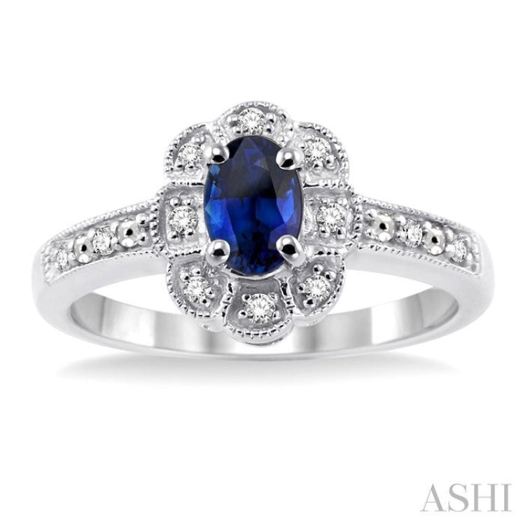 6x4  MM Oval Cut Sapphire and 1/20 ctw Single Cut Diamond Ring in Sterling Silver