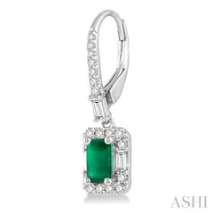 5x3 MM Octagon Cut Emerald and 1/2 Ctw Round Cut Diamond Precious Earrings in 14K White Gold