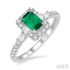 6x4 MM Octagon Cut Emerald and 1/2 Ctw Round Cut Diamond Precious Ring in 14K White Gold