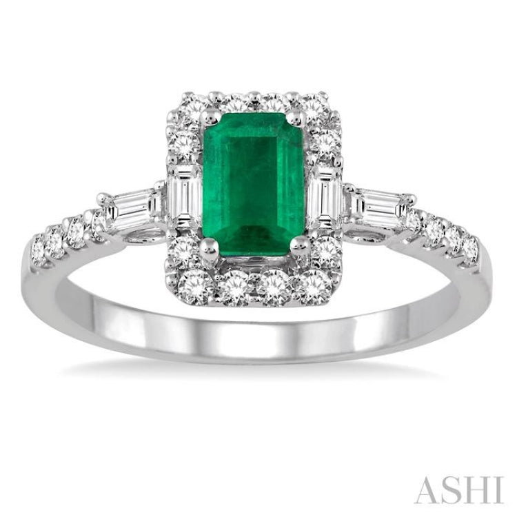 6x4 MM Octagon Cut Emerald and 1/2 Ctw Round Cut Diamond Precious Ring in 14K White Gold