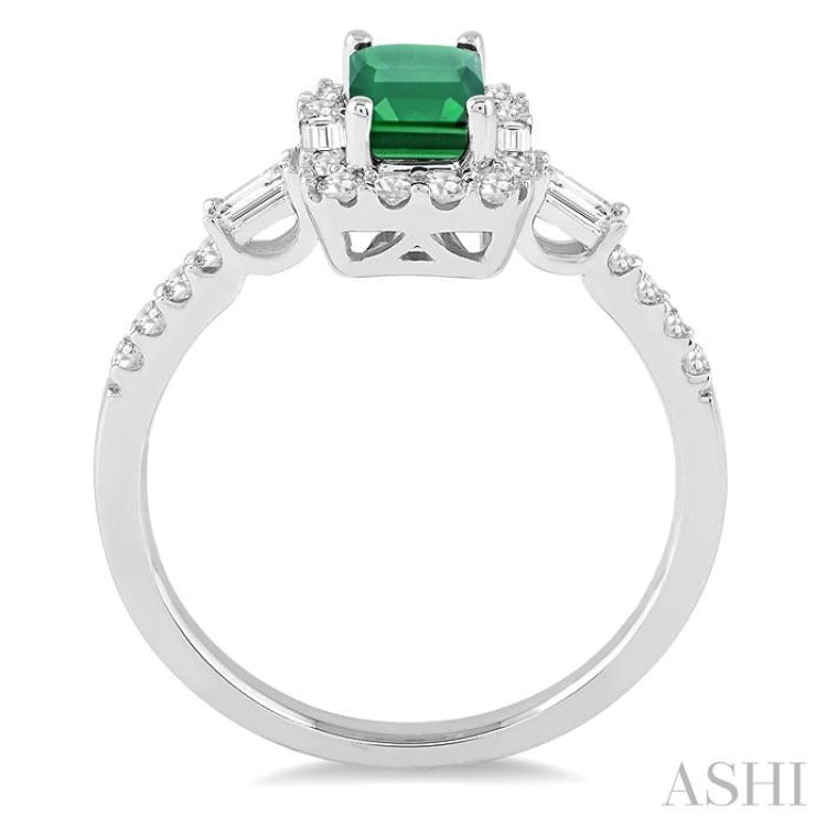 6x4 MM Octagon Cut Emerald and 1/2 Ctw Round Cut Diamond Precious Ring in 14K White Gold