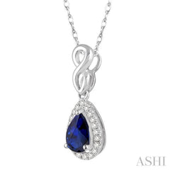 6x4 MM Pear Shape Sapphire and 1/10 Ctw Round Cut Diamond Pendant in 10K White Gold with Chain