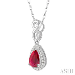 6x4 MM Pear Shape Ruby and 1/10 Ctw Round Cut Diamond Pendant in 14K White Gold with Chain