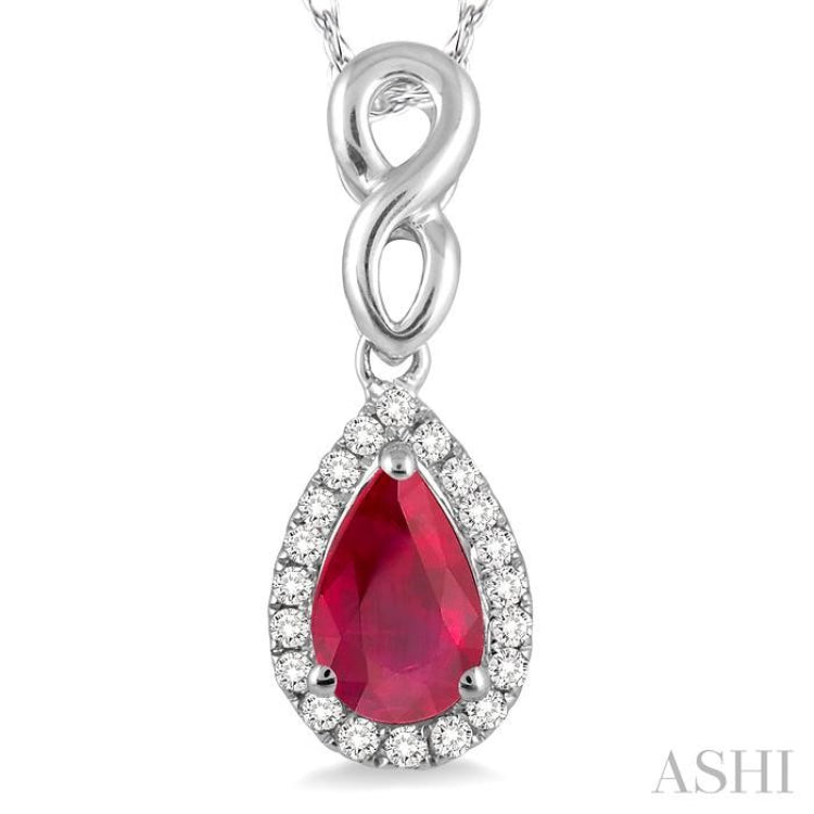 6x4 MM Pear Shape Ruby and 1/10 Ctw Round Cut Diamond Pendant in 14K White Gold with Chain