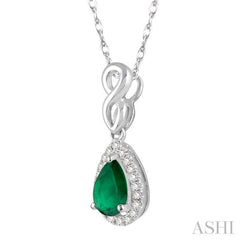 6x4 MM Pear Shape Emerald and 1/10 Ctw Round Cut Diamond Pendant in 10K White Gold with Chain