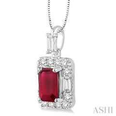 6x4 MM Octagon Cut Ruby and 1/3 Ctw Round Cut Diamond Precious Pendant in 14K White Gold with Chain