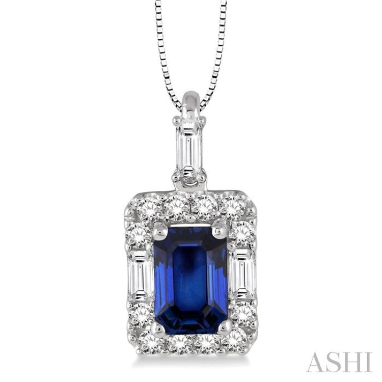 6x4 MM Octagon Cut Sapphire and 1/3 Ctw Round Cut Diamond Precious Pendant in 14K White Gold with Chain