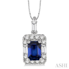 6x4 MM Octagon Cut Sapphire and 1/3 Ctw Round Cut Diamond Precious Pendant in 14K White Gold with Chain