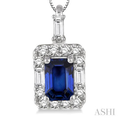 6x4 MM Octagon Cut Sapphire and 1/3 Ctw Round Cut Diamond Precious Pendant in 14K White Gold with Chain