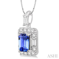 6x4 MM Octagon Cut Tanzanite and 1/3 Ctw Round Cut Diamond Precious Pendant in 14K White Gold with Chain