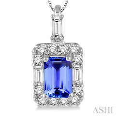 6x4 MM Octagon Cut Tanzanite and 1/3 Ctw Round Cut Diamond Precious Pendant in 14K White Gold with Chain