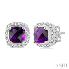 6x6  MM Cushion Shape Amethyst and 1/4 Ctw Round Cut Diamond Earrings in 14K White Gold