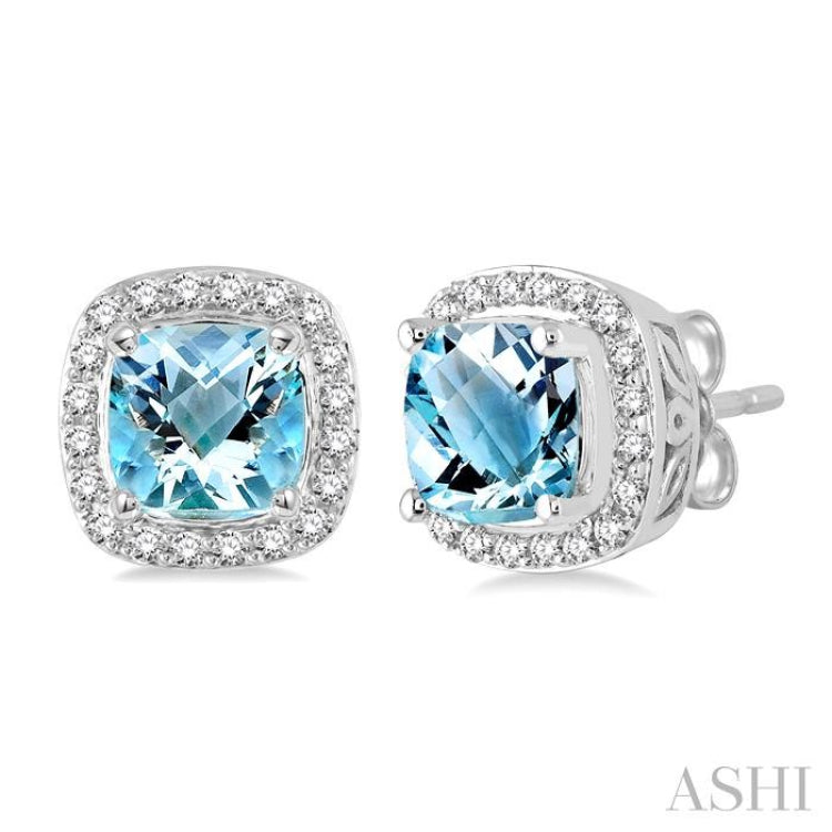 6x6  MM Cushion Shape Aquamarine and 1/4 Ctw Round Cut Diamond Earrings in 14K White Gold