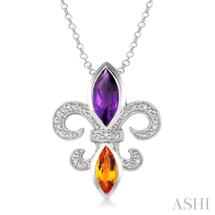 10x5 & 8x4  MM marquise cut Amethyst and Citrine and 1/50 Ctw Single Cut Diamond Fleur De Lis Pendant in Sterling Silver with Chain