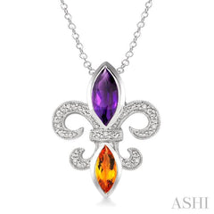 10x5 & 8x4  MM marquise cut Amethyst and Citrine and 1/50 Ctw Single Cut Diamond Fleur De Lis Pendant in Sterling Silver with Chain