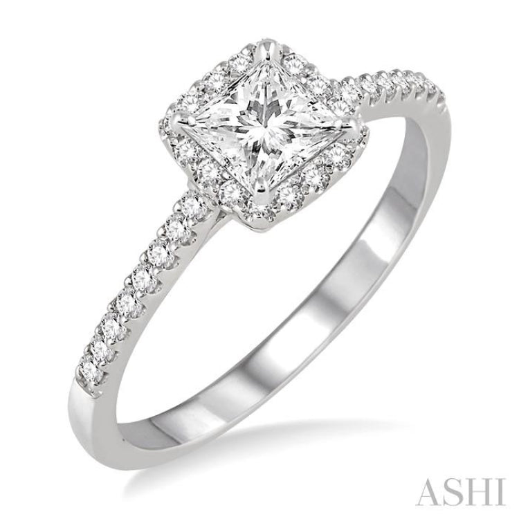 1/2 Ctw Diamond Engagement Ring with 1/4 Ct Princess Cut Center Stone in 14K White Gold