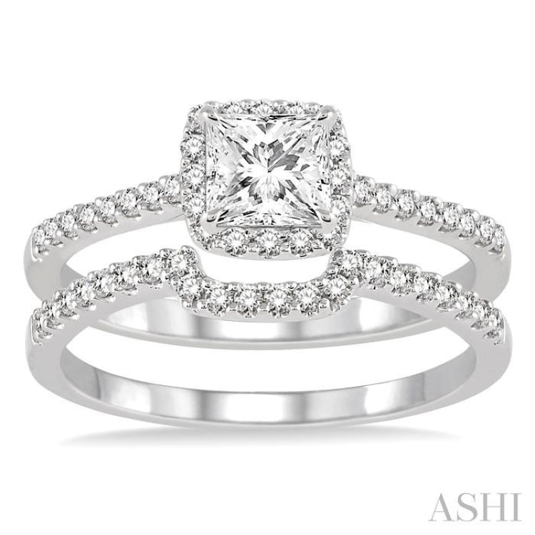 5/8 Ctw Diamond Wedding Set with 1/2 Ctw Princess Cut Engagement Ring and 1/6 Ctw Wedding Band in 14K White Gold