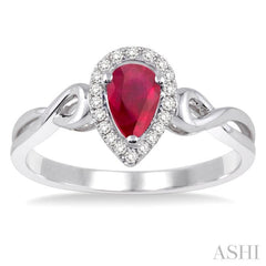 6x4 MM Pear Shape Ruby and 1/10 Ctw Round Cut Diamond Ring in 14K White Gold