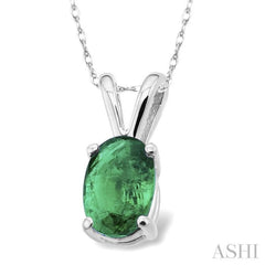 6x4 MM Oval Cut Emerald Pendant in 14K White Gold with Chain