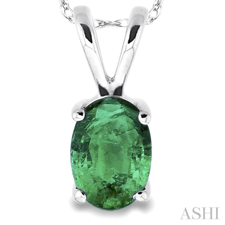 6x4 MM Oval Cut Emerald Pendant in 14K White Gold with Chain