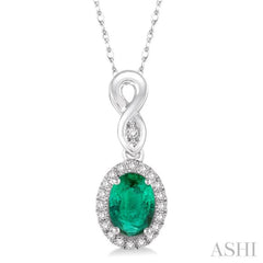 6x4 MM Oval Cut Emerald and 1/10 Ctw Round Cut Diamond Pendant in 10K White Gold with Chain