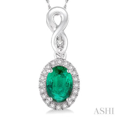 6x4 MM Oval Cut Emerald and 1/10 Ctw Round Cut Diamond Pendant in 10K White Gold with Chain