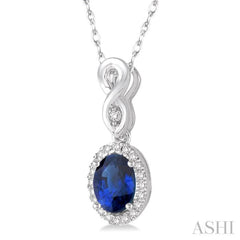 6x4 MM Oval Cut Sapphire and 1/10 Ctw Round Cut Diamond Pendant in 10K White Gold with Chain