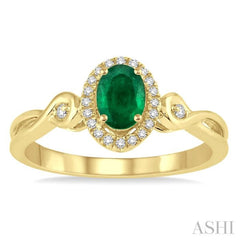 6x4 MM Oval Cut Emerald and 1/10 Ctw Round Cut Diamond Ring in 10K Yellow Gold