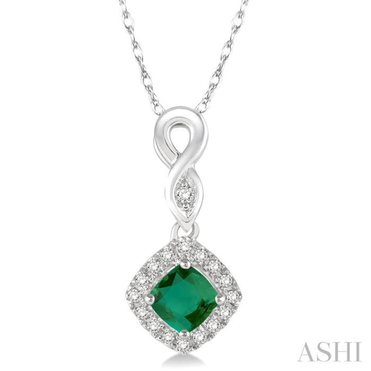 4x4 MM Cushion Shape Emerald and 1/10 Ctw Round Cut Diamond Pendant in 10K White Gold with Chain