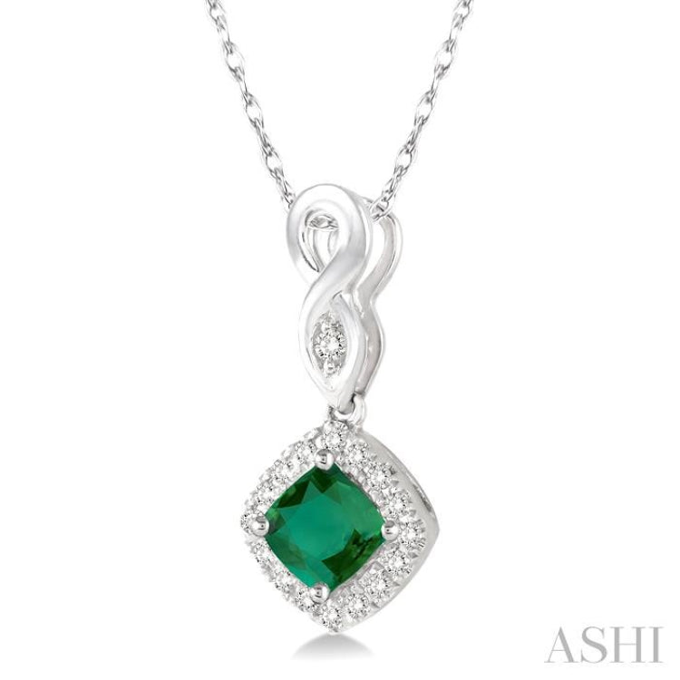 4x4 MM Cushion Shape Emerald and 1/10 Ctw Round Cut Diamond Pendant in 10K White Gold with Chain