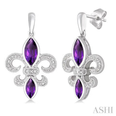 8x4 MM Marquise Cut Amethyst, 6x3 MM Marquise Cut Amethyst and 1/20 Ctw Round Cut Diamond Fleur De Lis Earrings in Sterling Silver