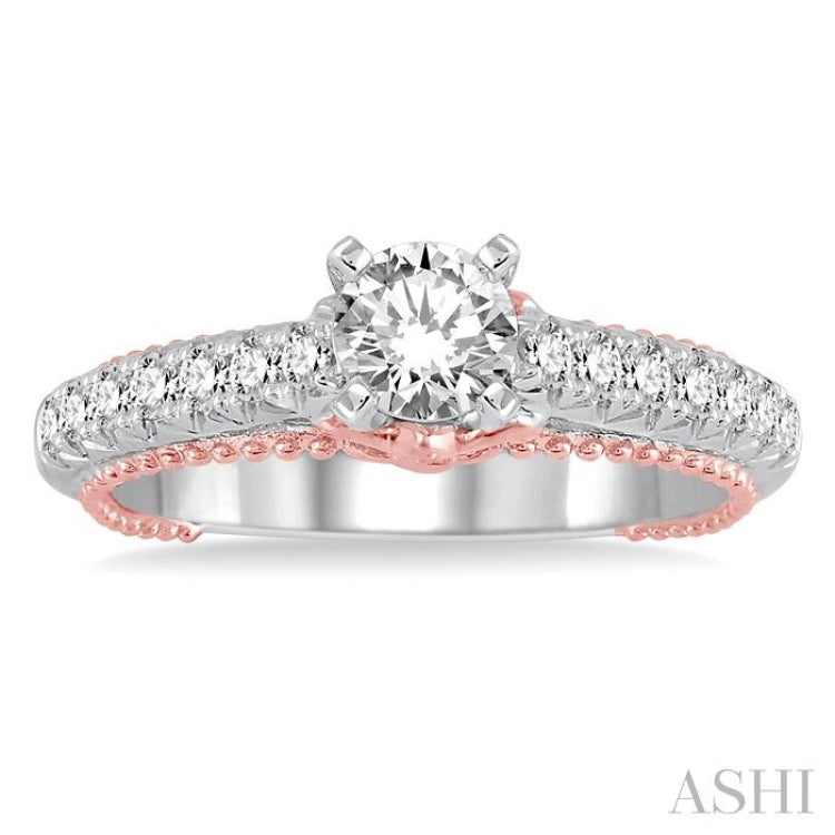 7/8 Ctw Diamond Engagement Ring with 1/2 Ct Round Cut Center Stone in 14K White and Rose Gold